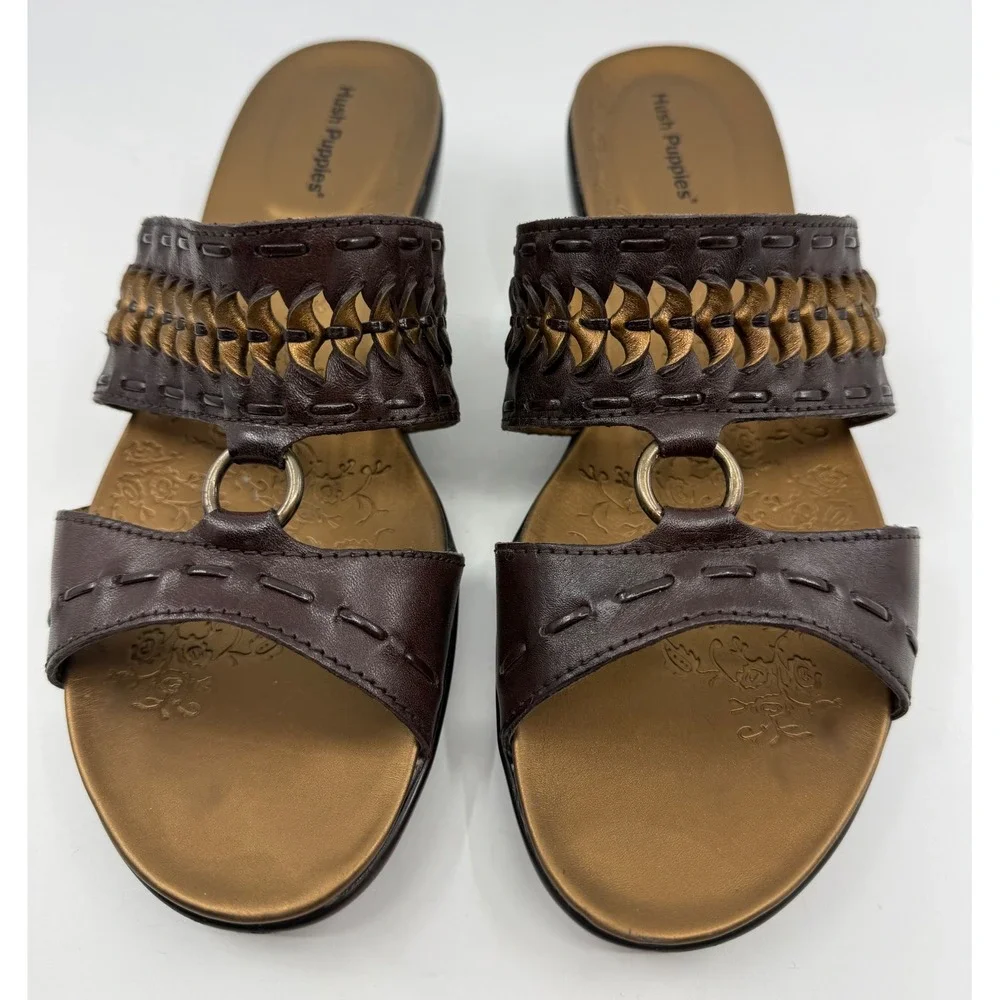Hush Puppies Knotted Dark Brown Leather Wedge Slide Sandals H503083 Womens 8M